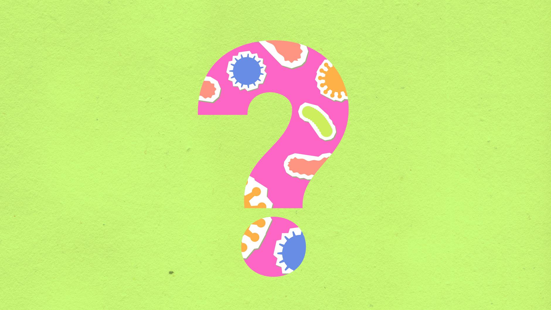 From above of decorative cardboard appliques of question mark with various oval shaped cells and microbes