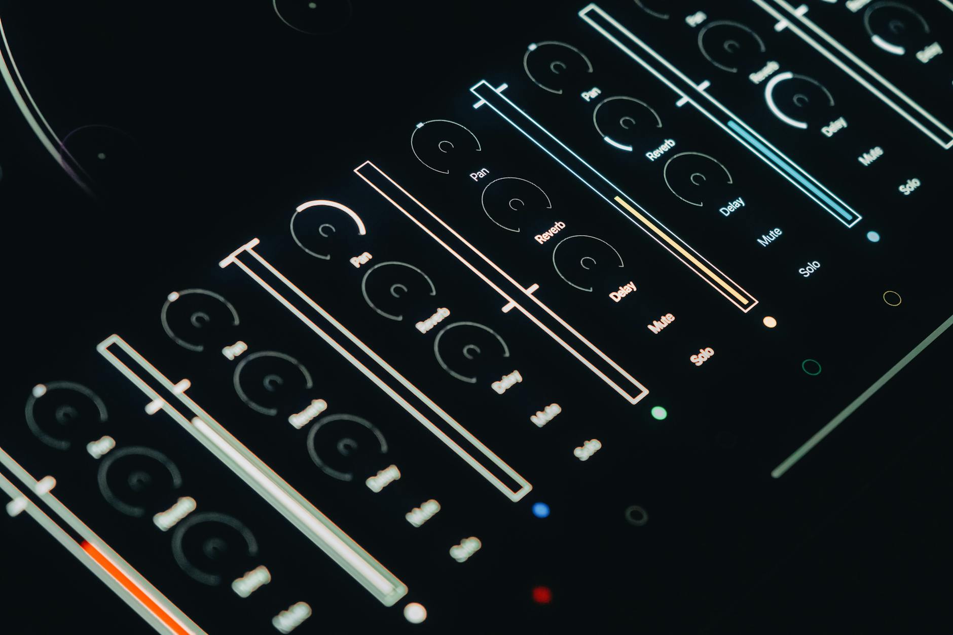 Close-up of a modern audio mixer interface with illuminated controls, embodying future technology and sleek design.