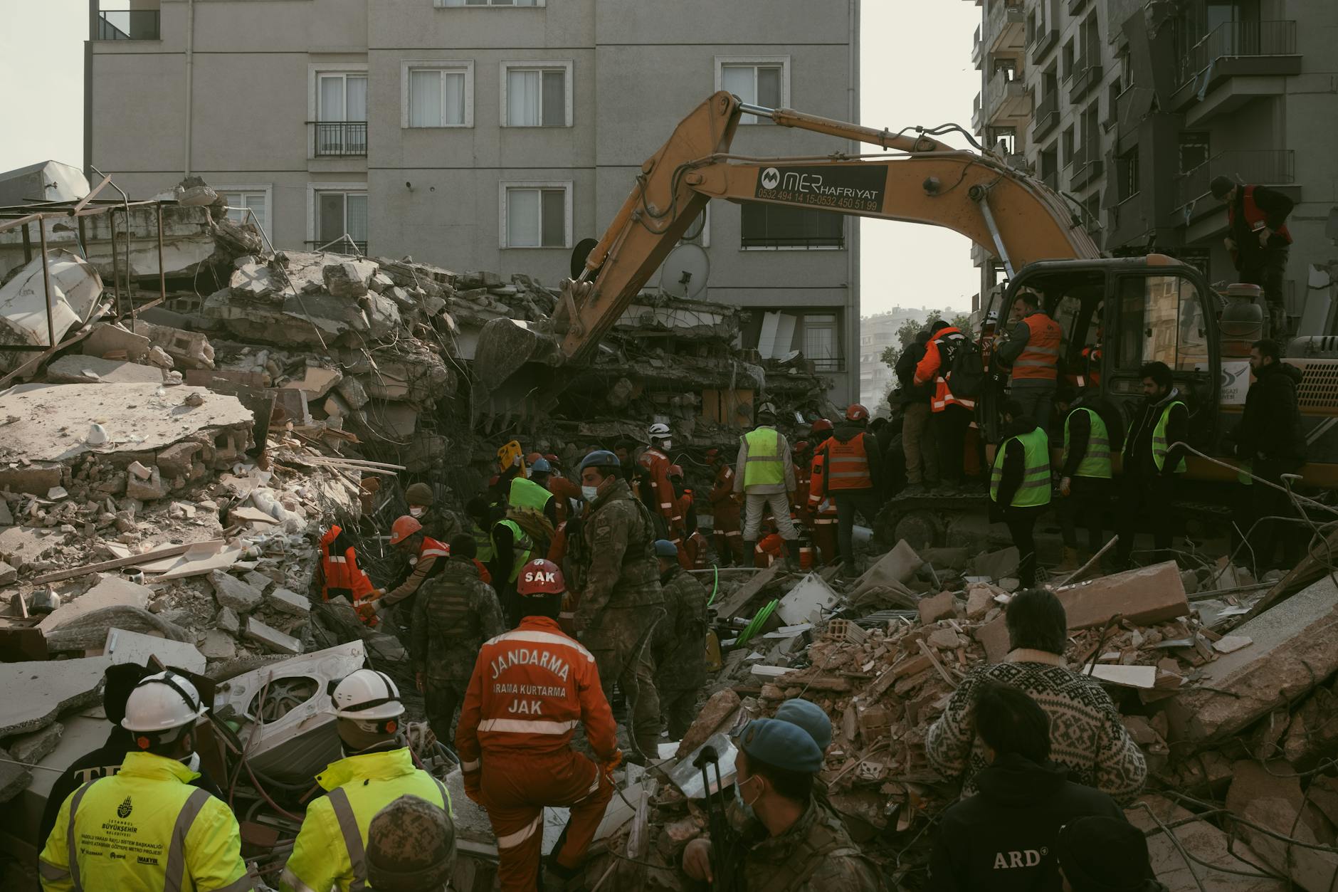 Rescuers work tirelessly amidst rubble in Antakya, Hatay, Türkiye, after an earthquake.